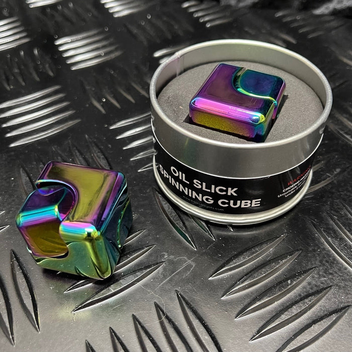 SQUARE Spinning Cube in Oil SLICK in window TIN