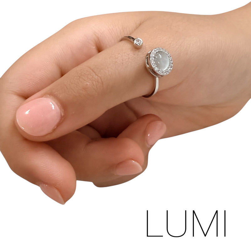 Lumi Fidget Ring - Adjustable Sterling Silver with Opal Style Centre & Diamante Surround