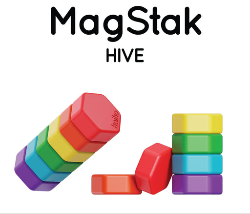 Colorful magnetic building blocks with 'kaiko MagStak Hive' branding on a white background