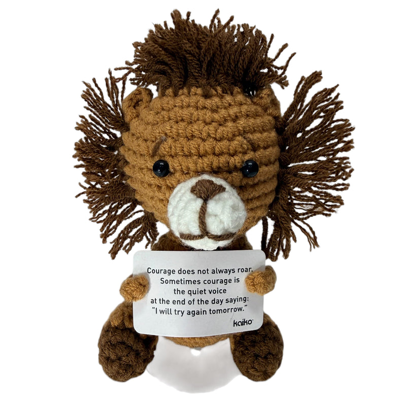 Front-facing Courage Doesn't Always Roar lion crochet critter with message