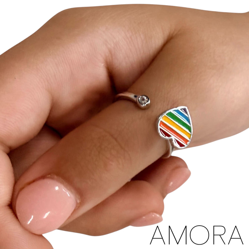 Amora Fidget Ring - Adjustable Sterling Silver with Enamel Rainbow Heart