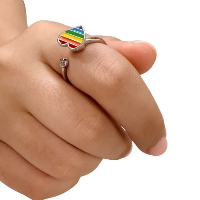 Amora Fidget Ring - Adjustable Sterling Silver with Enamel Rainbow Heart