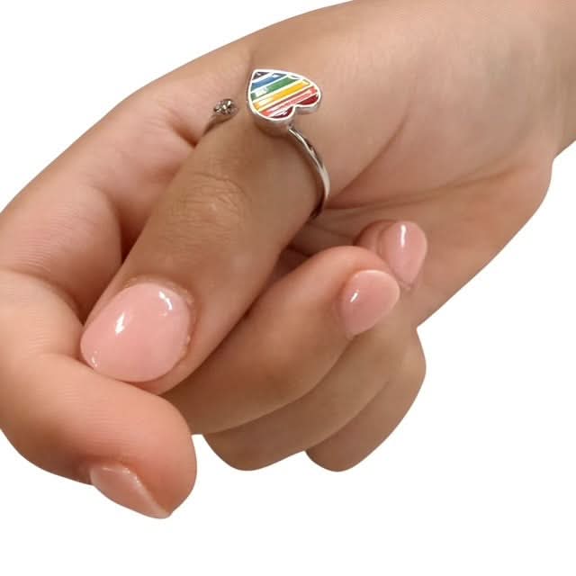 Amora Fidget Ring - Adjustable Sterling Silver with Enamel Rainbow Heart