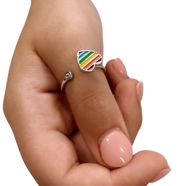 Amora Fidget Ring - Adjustable Sterling Silver with Enamel Rainbow Heart