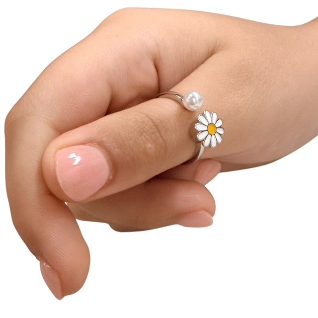 Daisy Fidget Ring - Adjustable Sterling Silver with  Enamel Daisy