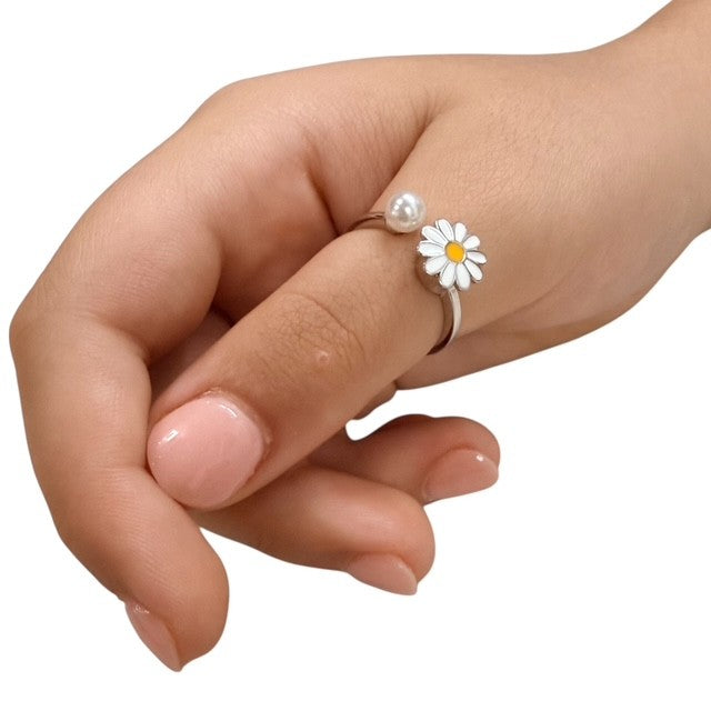 Daisy Fidget Ring - Adjustable Sterling Silver with  Enamel Daisy