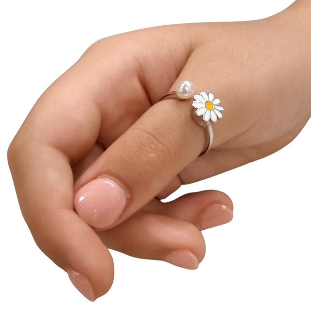Daisy Fidget Ring - Adjustable Sterling Silver with  Enamel Daisy