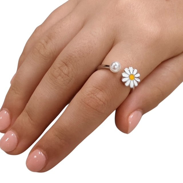 Daisy Fidget Ring - Adjustable Sterling Silver with  Enamel Daisy