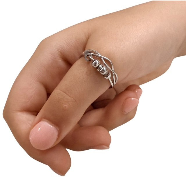 Vela Fidget Ring - Adjustable Sterling Silver with Wave Slider Beads