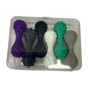 Six Kaiko FLEXI Mood silicone sensory tools in muted colours showing varied tactile textures