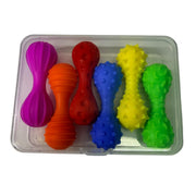 Six colourful Kaiko FLEXI silicone sensory tools showing the different tactile textures