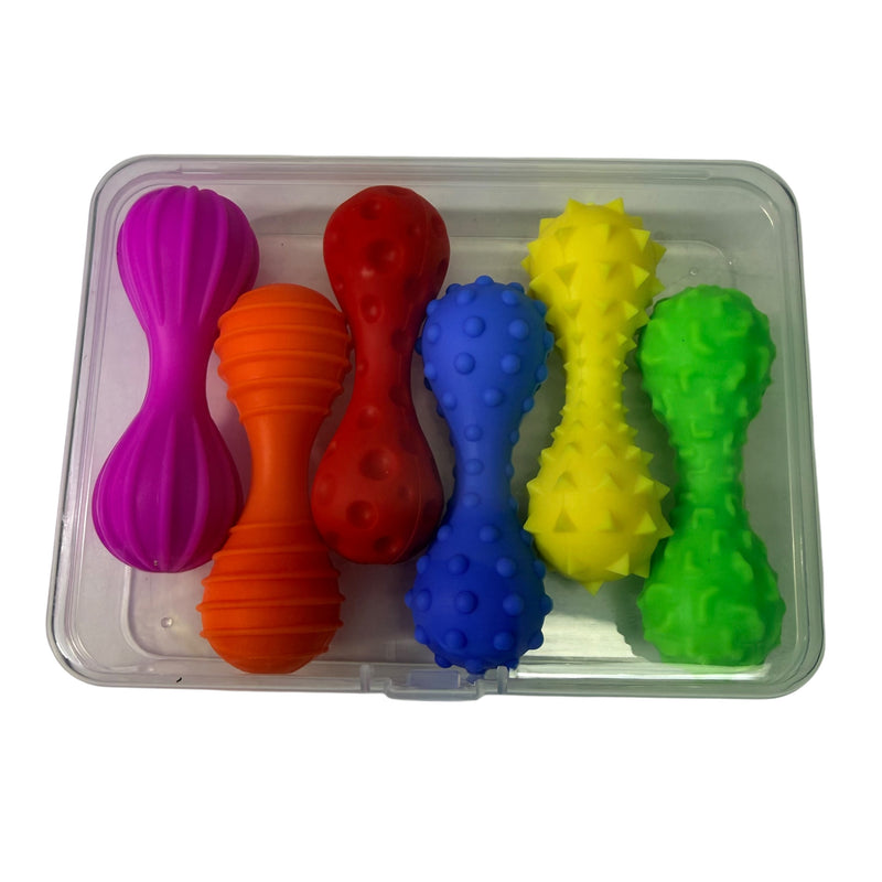 Six colourful Kaiko FLEXI silicone sensory tools showing the different tactile textures
