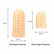 Full and Short Finger Protector size comparison: 43 × 24 mm and 26 × 20 mm unstretched