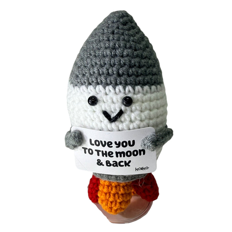Front-facing Love You to the Moon and Back rocket crochet critter with message