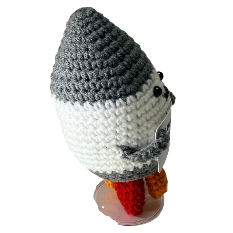 Side view of Love You to the Moon and Back grey rocket crochet critter