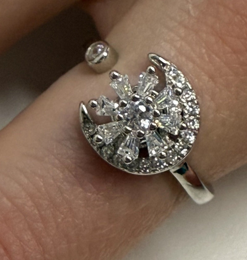 Luno Fidget Ring - Diamante Spinning Flower with Half Moon Surround for Anxiety