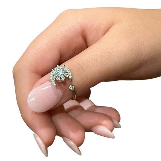 Luno Fidget Ring - Diamante Spinning Flower with Half Moon Surround for Anxiety