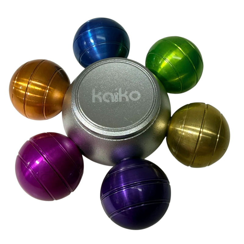 Close-up of silver Kaiko Mobi Spinner with six colourful removable spheres