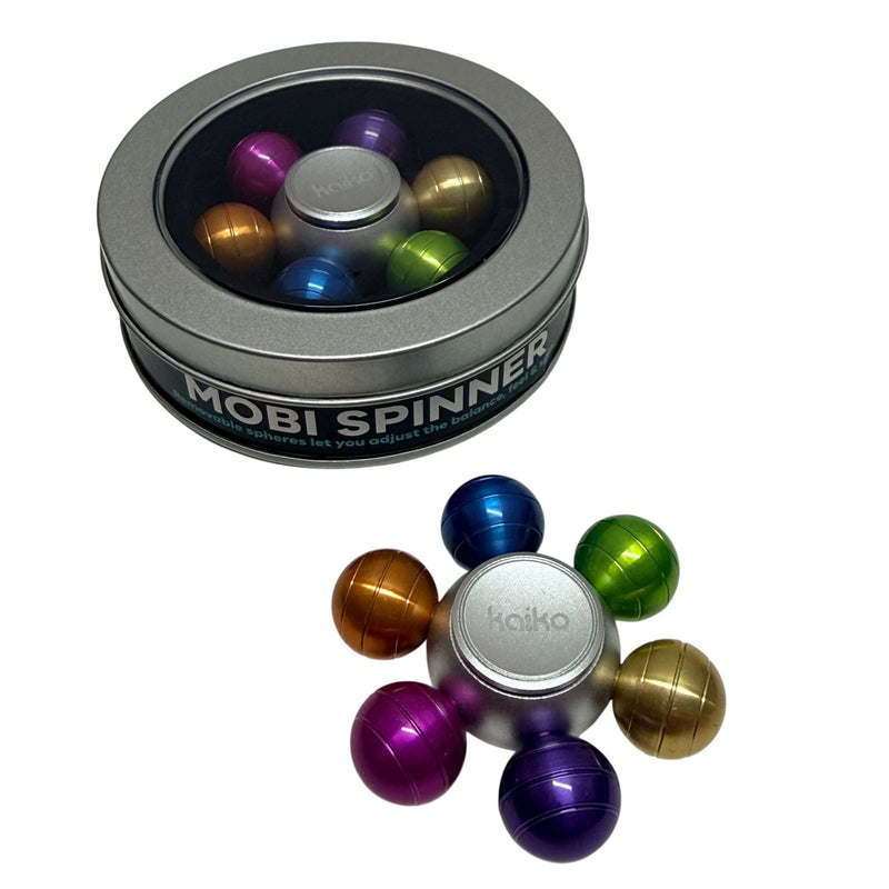 Mobi Spinner displayed beside its included reusable window tin