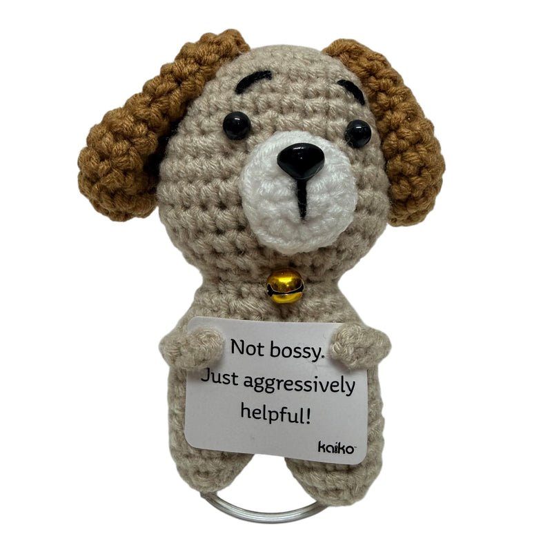 Dog crochet critter displayed on stand