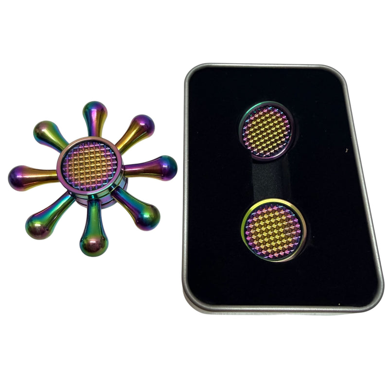 Spikey Spinner Hub fitted to a Kaiko Wheel Spinner beside the accessory pair