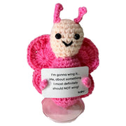 Front-facing I'm Gonna Wing It pink butterfly crochet critter with message