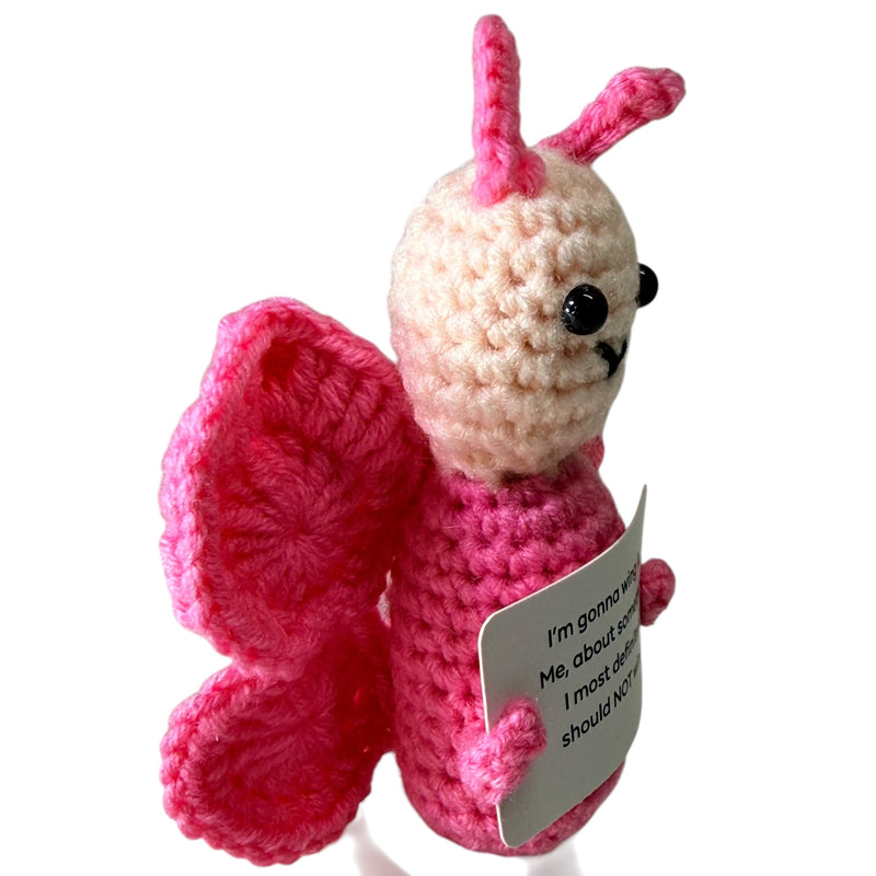 Side view of pink I'm Gonna Wing It butterfly crochet critter